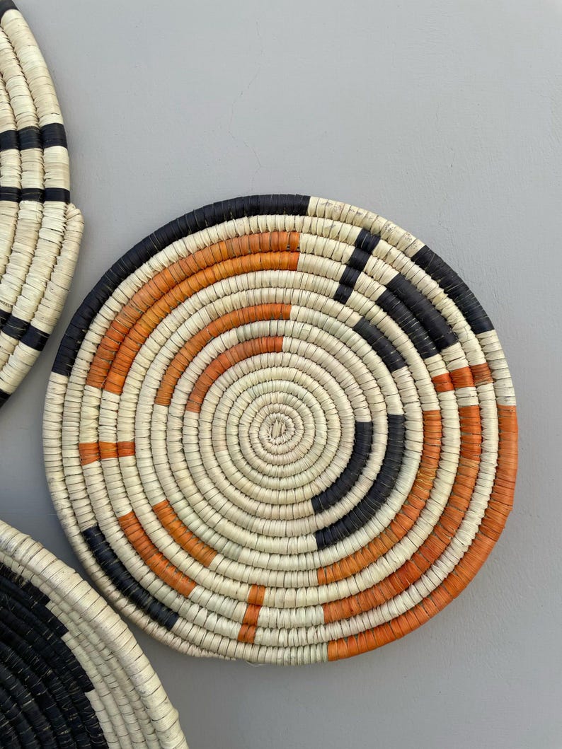 Black & white boho wall basket decor set of 6 - handwoven boho wall hangings - african decorative wall baskets - living room wall art