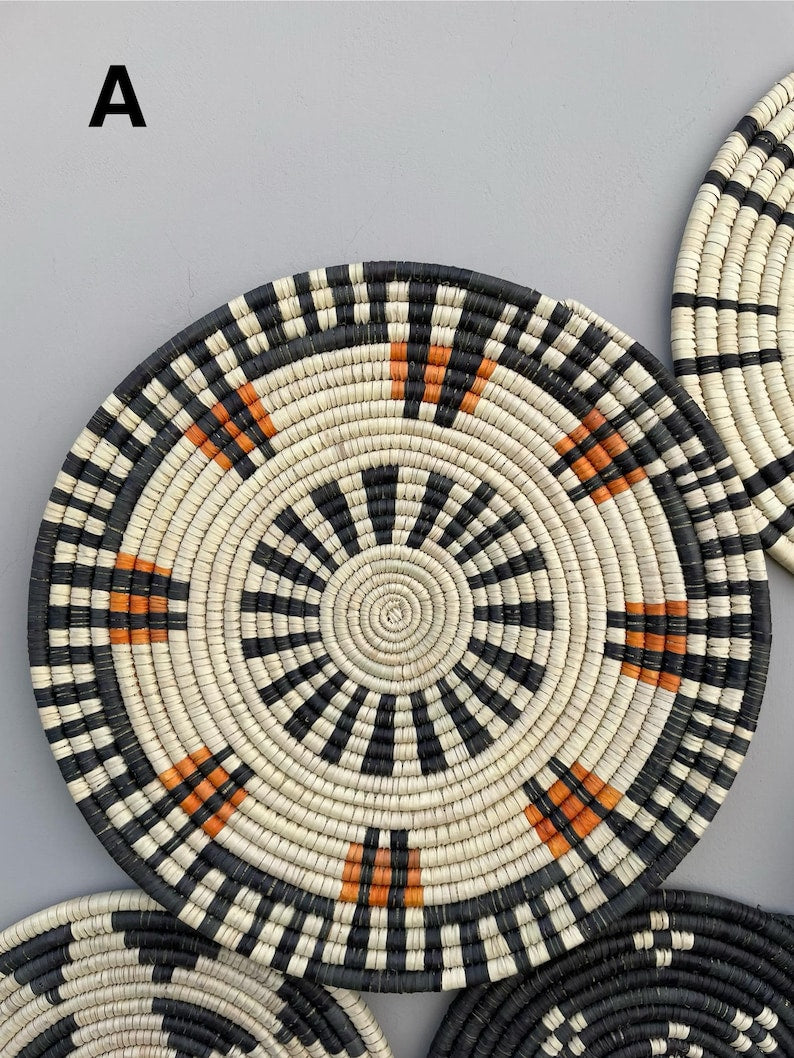 Black & white boho wall basket decor set of 6 - handwoven boho wall hangings - african decorative wall baskets - living room wall art