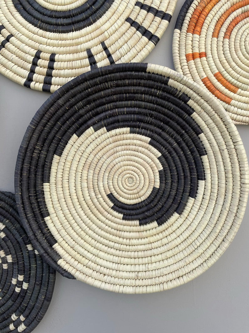 Black & white boho wall basket decor set of 6 - handwoven boho wall hangings - african decorative wall baskets - living room wall art