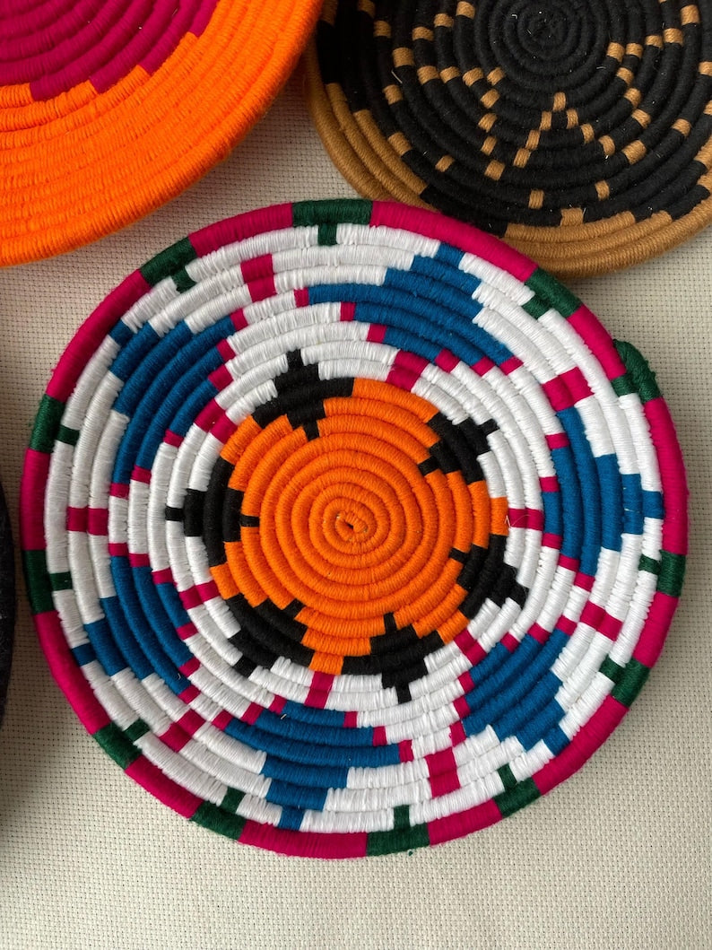 Colourful handwoven wall basket set of 9, boho wall hanging baskets, African wall baskets, basket wall art, bohemian wall decor