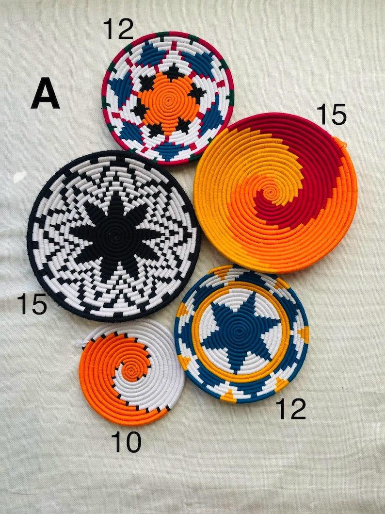 Colourful handwoven wall basket set of 9, boho wall hanging baskets, African wall baskets, basket wall art, bohemian wall decor