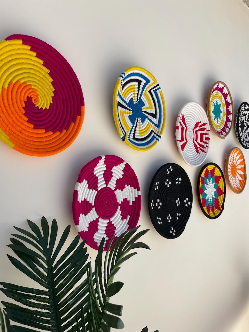 Vibrant wall Hanging Baskets set of 9, African wall baskets, handwoven wall baskets, wall basket set, boho wall baskets, assorted baskets