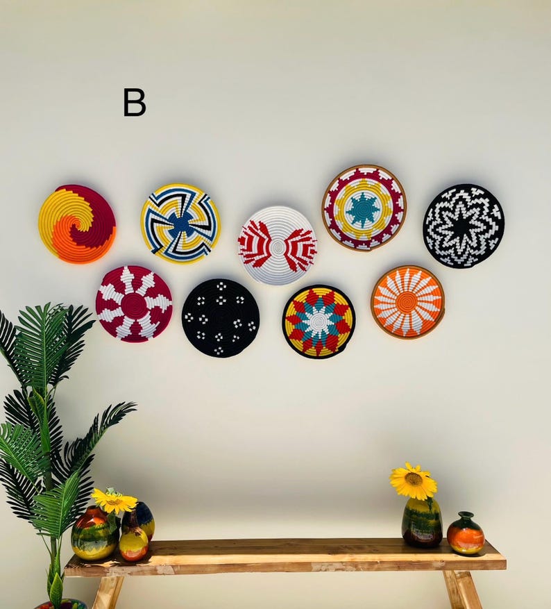 Vibrant wall Hanging Baskets set of 9, African wall baskets, handwoven wall baskets, wall basket set, boho wall baskets, assorted baskets