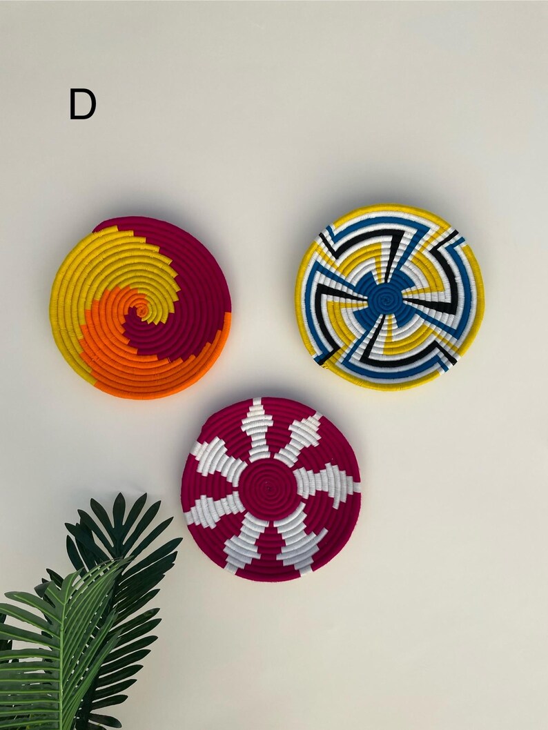 Set of 3 Handwoven Sea Grass Wall Baskets: Colorful Boho Wall Decor