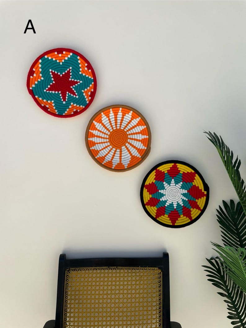 Set of 3 Handwoven Sea Grass Wall Baskets: Colorful Boho Wall Decor