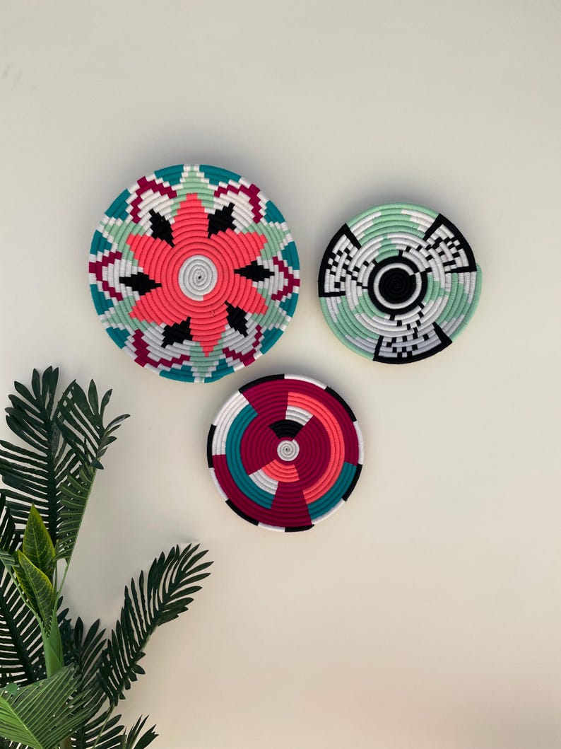 Green African Wall Basket Set: Boho Woven Wall Art