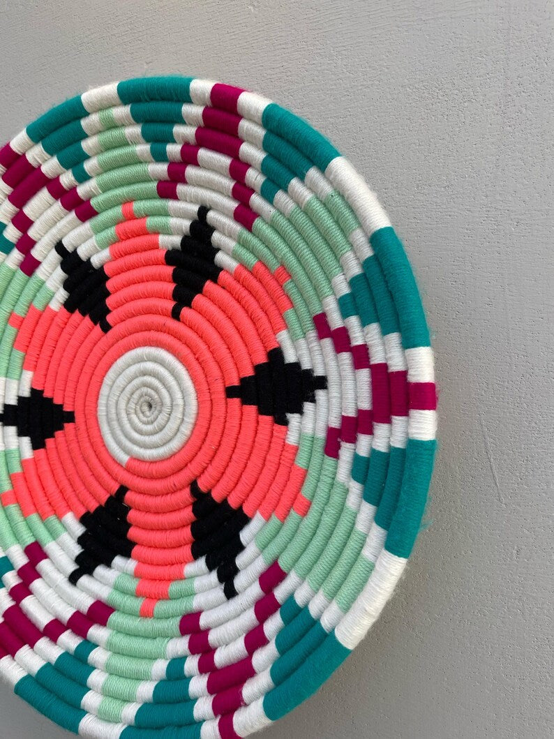 Green African Wall Basket: Boho Woven wall art, Ethnic Decor