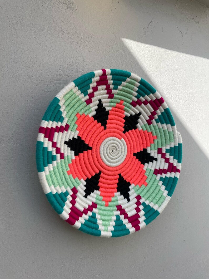 Green African Wall Basket: Boho Woven wall art, Ethnic Decor