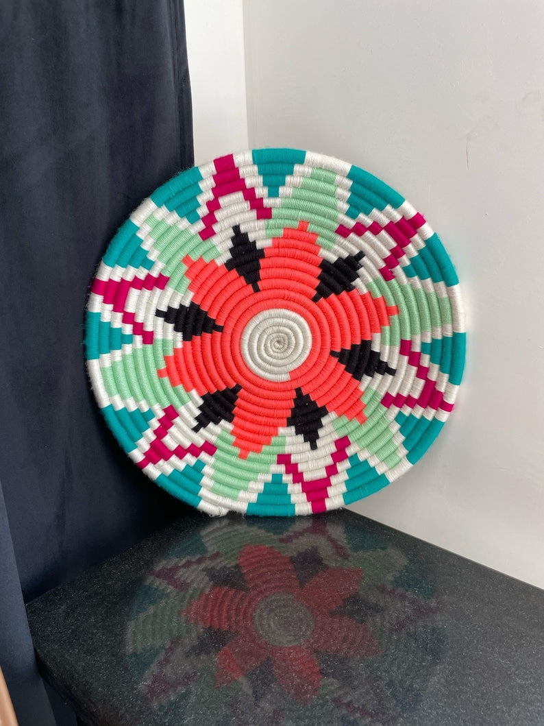 Green African Wall Basket: Boho Woven wall art, Ethnic Decor