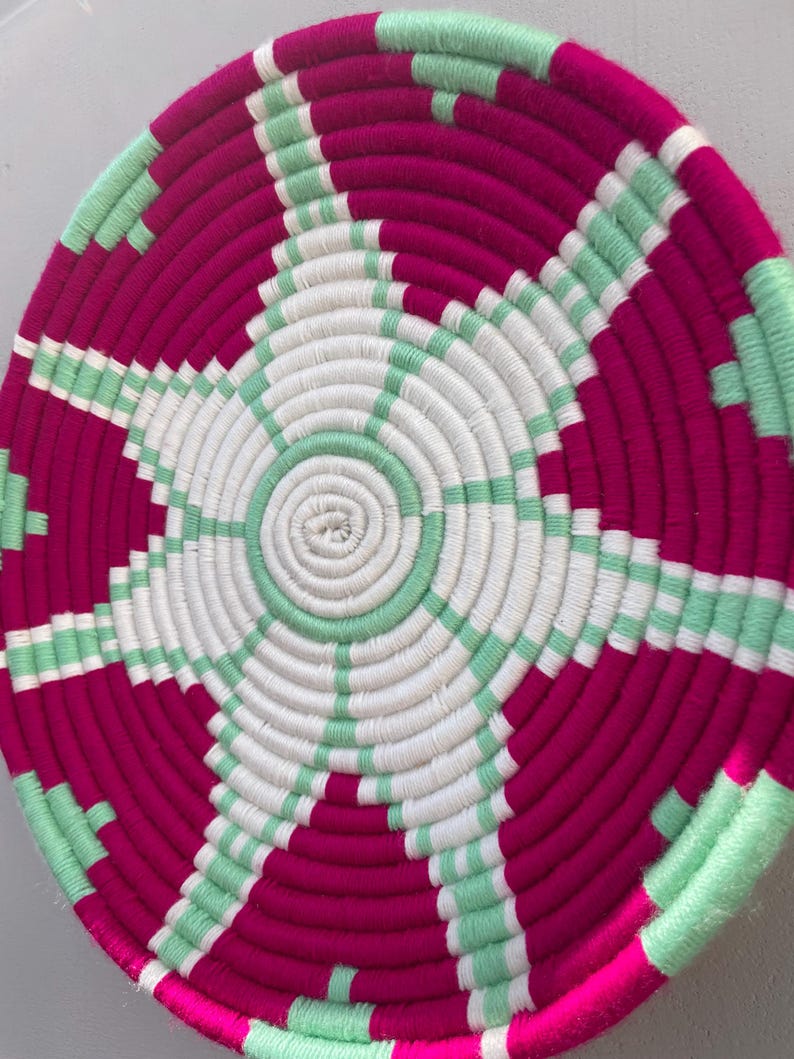 Woven Pink Wall Basket: Boho Wall Baskets, Basket Wall Art, Colorful Wall Hanging, Wall Decor Basket, African Wall Basket Set, (14/12 inch)