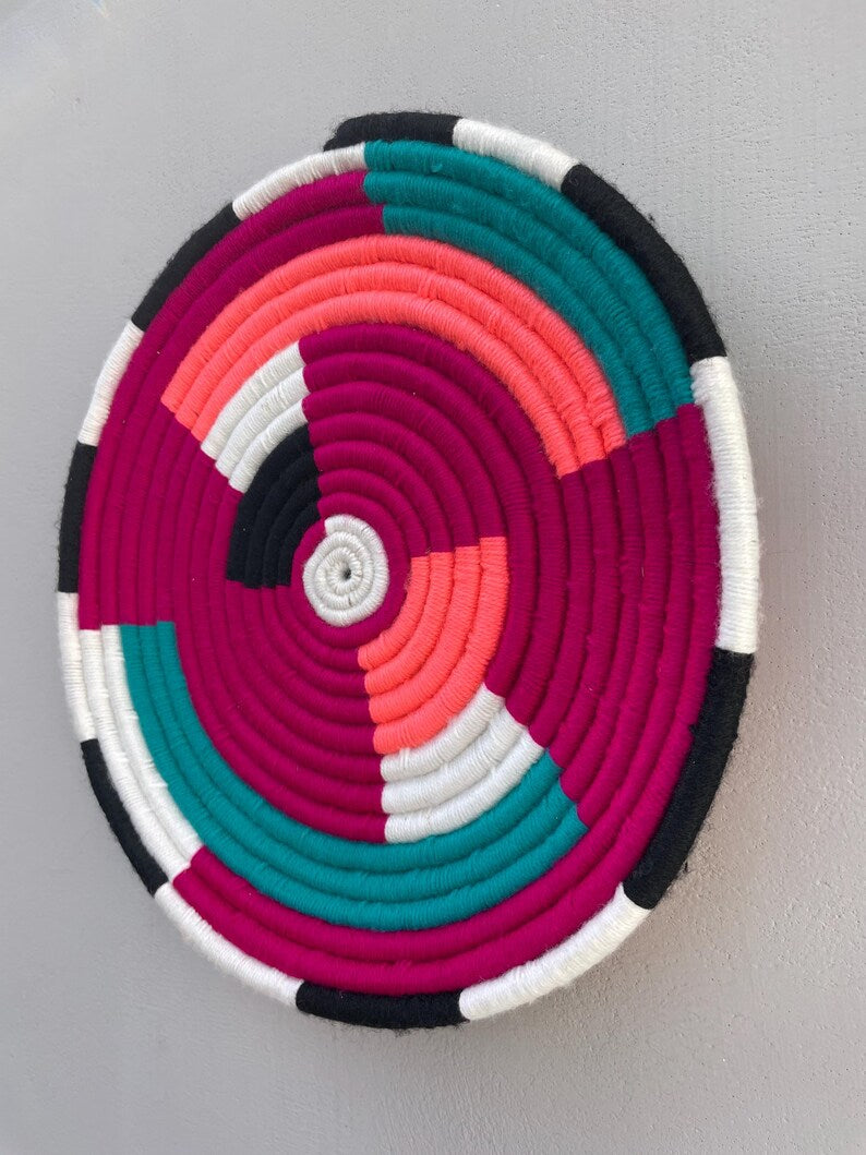 Woven Pink Wall Basket: Boho Wall Baskets, Basket Wall Art, Colorful Wall Hanging, Wall Decor Basket, African Wall Basket Set, (14/12 inch)