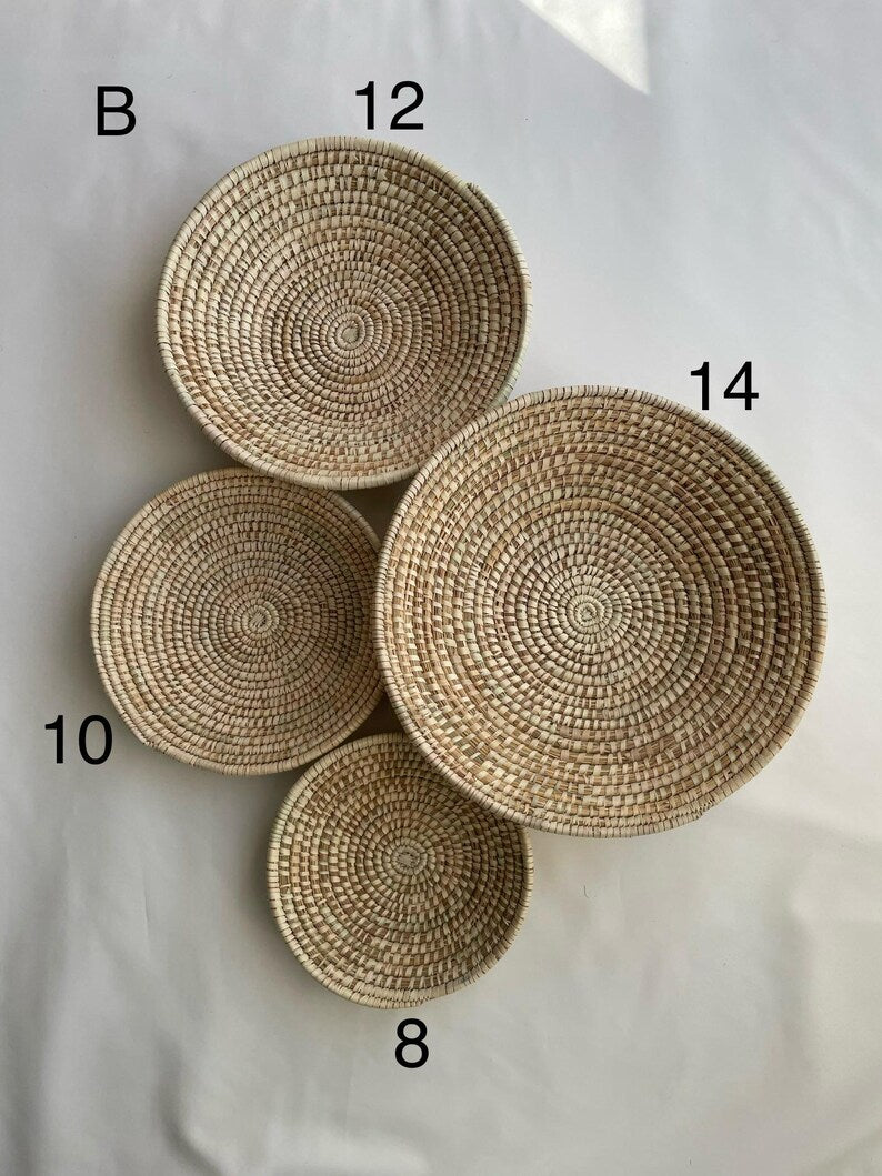 Handwoven neutral Wall basket set of 6, boho wall hanging baskets, woven African decorative baskets, seagrass baskets, bohemian wall decor