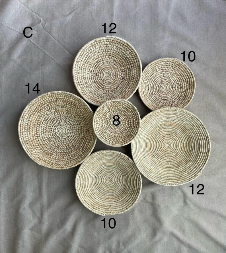 Handwoven neutral Wall basket set of 6, boho wall hanging baskets, woven African decorative baskets, seagrass baskets, bohemian wall decor