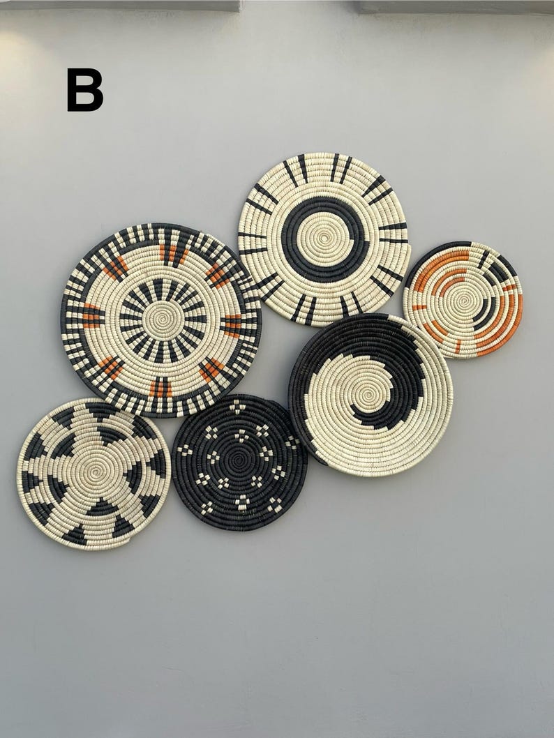 Black & white boho wall basket decor set of 6 - handwoven boho wall hangings - african decorative wall baskets - living room wall art