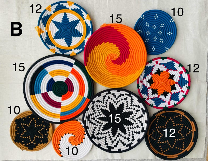 Colourful handwoven wall basket set of 9, boho wall hanging baskets, African wall baskets, basket wall art, bohemian wall decor