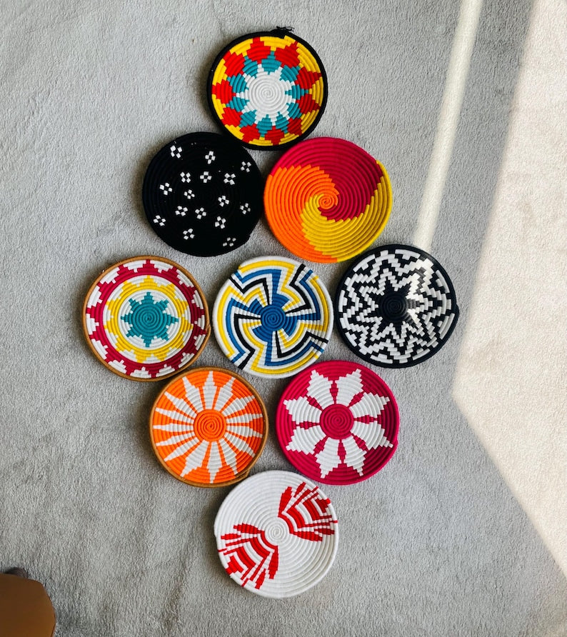 Vibrant wall Hanging Baskets set of 9, African wall baskets, handwoven wall baskets, wall basket set, boho wall baskets, assorted baskets