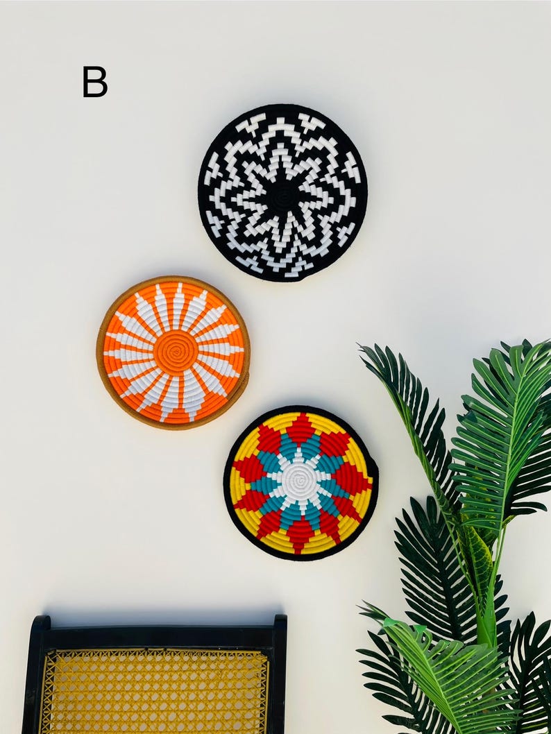 Set of 3 Handwoven Sea Grass Wall Baskets: Colorful Boho Wall Decor