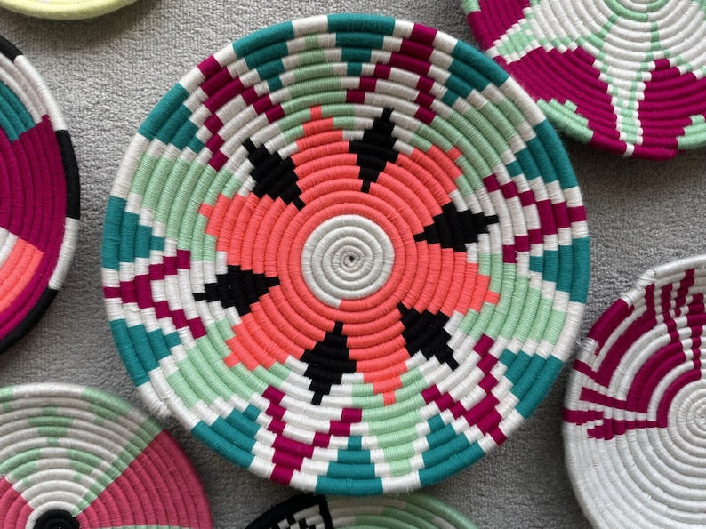 Green African Wall Basket: Boho Woven wall art, Ethnic Decor