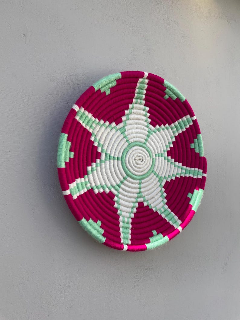 Woven Pink Wall Basket: Boho Wall Baskets, Basket Wall Art, Colorful Wall Hanging, Wall Decor Basket, African Wall Basket Set, (14/12 inch)