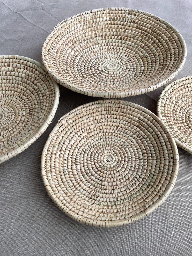 Handwoven neutral Wall basket set of 6, boho wall hanging baskets, woven African decorative baskets, seagrass baskets, bohemian wall decor