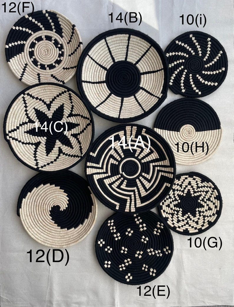 Black and White Boho Wall Basket Set of 9 - Woven African Wall Baskets - Hanging Wall Basket Decor - Basket Wall Art - Bohemian wall Decor