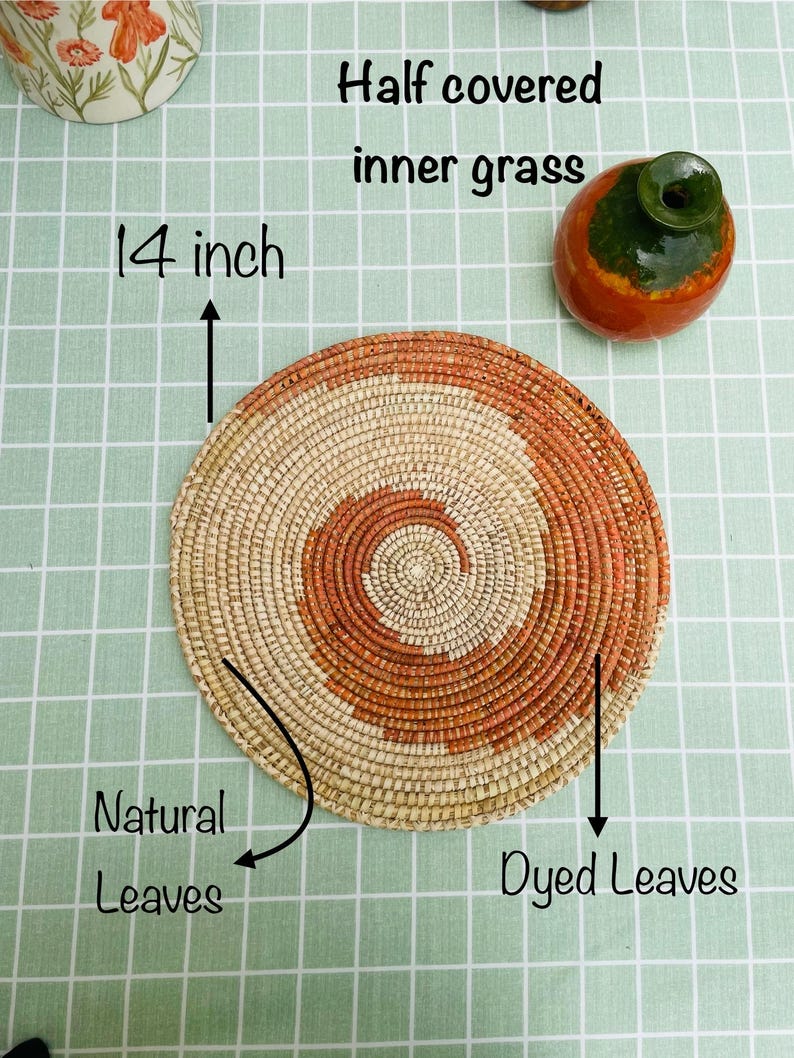 Woven Round Placemats with Coasters – Orange and Natural Boho Table Mats, Rustic Straw Dining Decor, Thanksgiving Holiday Placemats