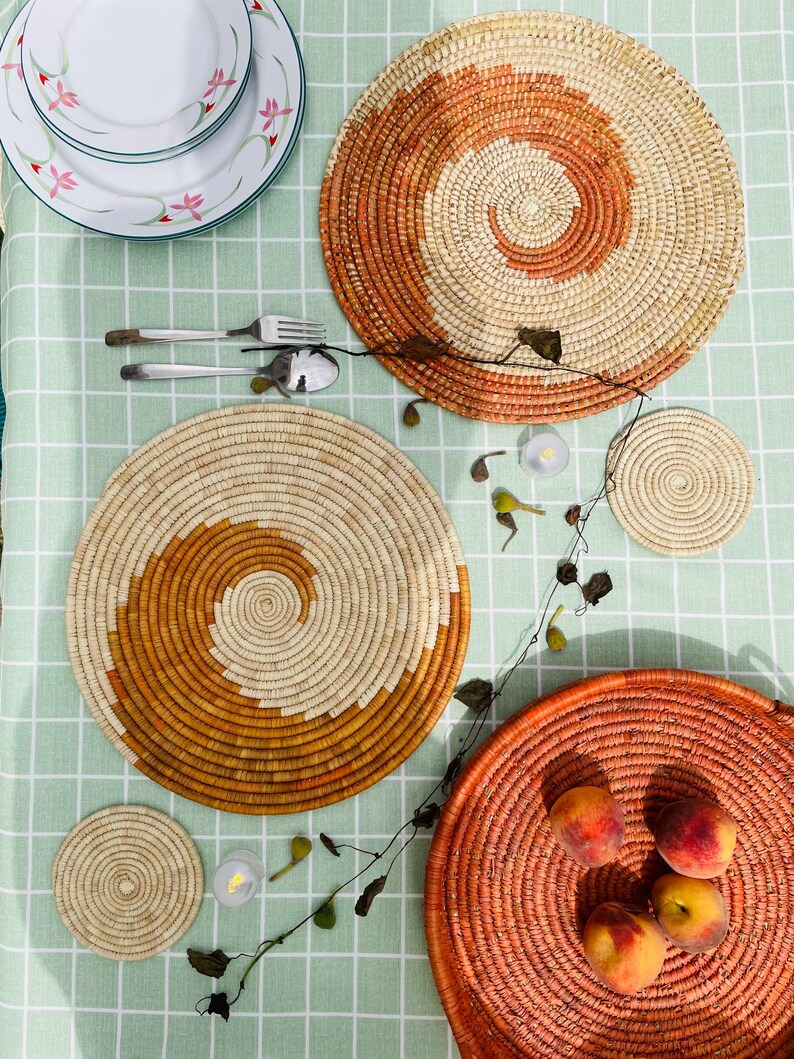 Woven Spiral Placemats Set, Boho Orange Placemats, Sea Grass Placemats, Eco Friendly Placemat, Handmade Placemat, Boho Table Decor, 14 inch