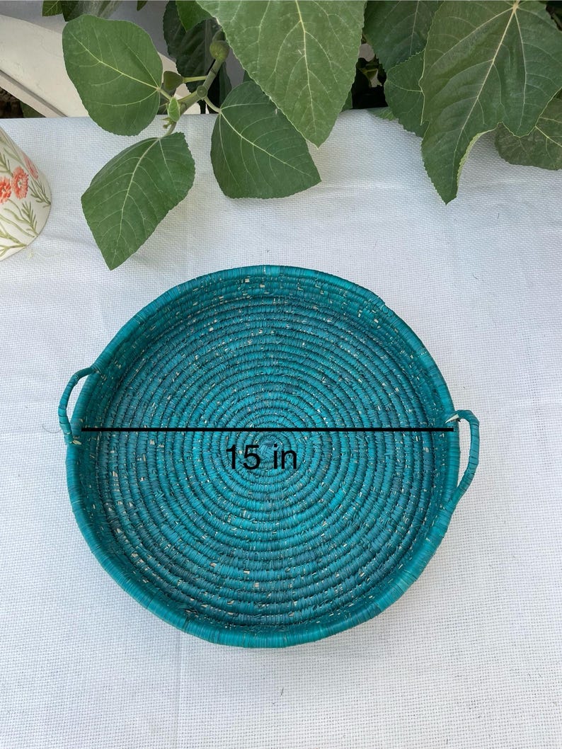 Handmade Boho Palm Fiber Basket Tray: Rustic Green Ottoman & Coffee Table Decor