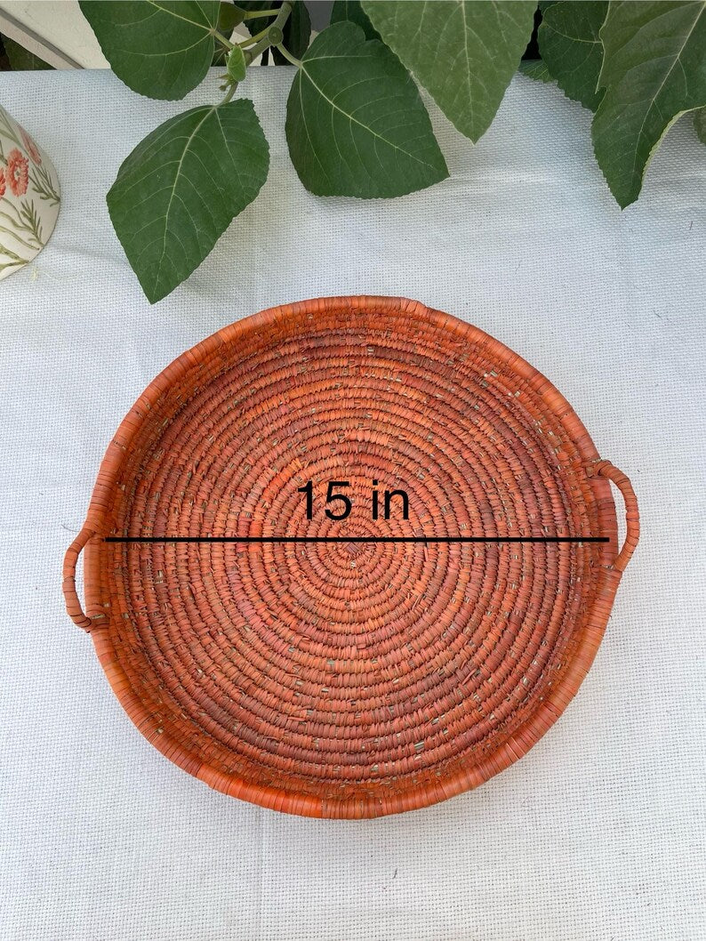 14-inch Palm Woven Round Tray for Coffee Table, Fruit, Coastal Decor, Rustic Farmhouse Serving