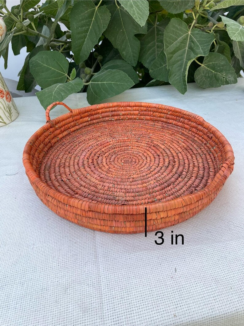 14-inch Palm Woven Round Tray for Coffee Table, Fruit, Coastal Decor, Rustic Farmhouse Serving