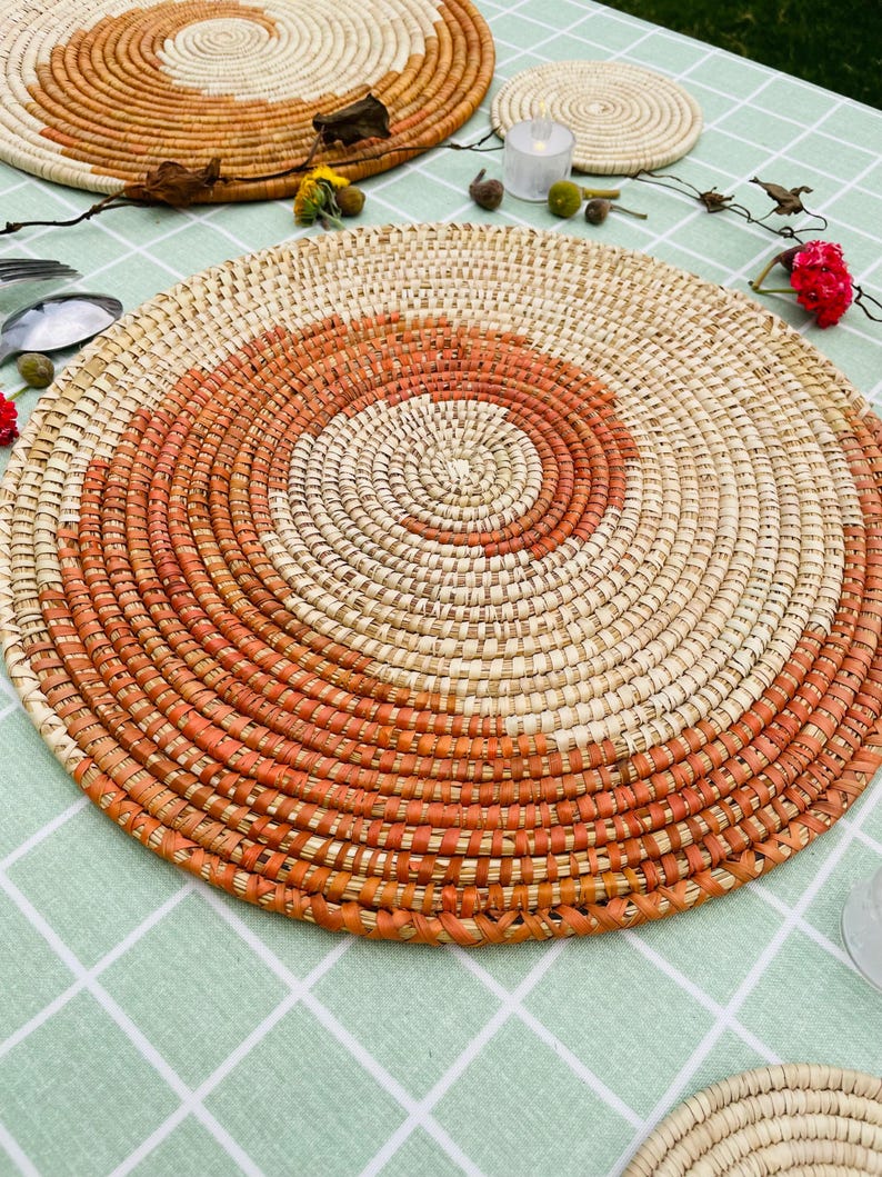 Woven Spiral Placemats Set, Boho Orange Placemats, Sea Grass Placemats, Eco Friendly Placemat, Handmade Placemat, Boho Table Decor, 14 inch