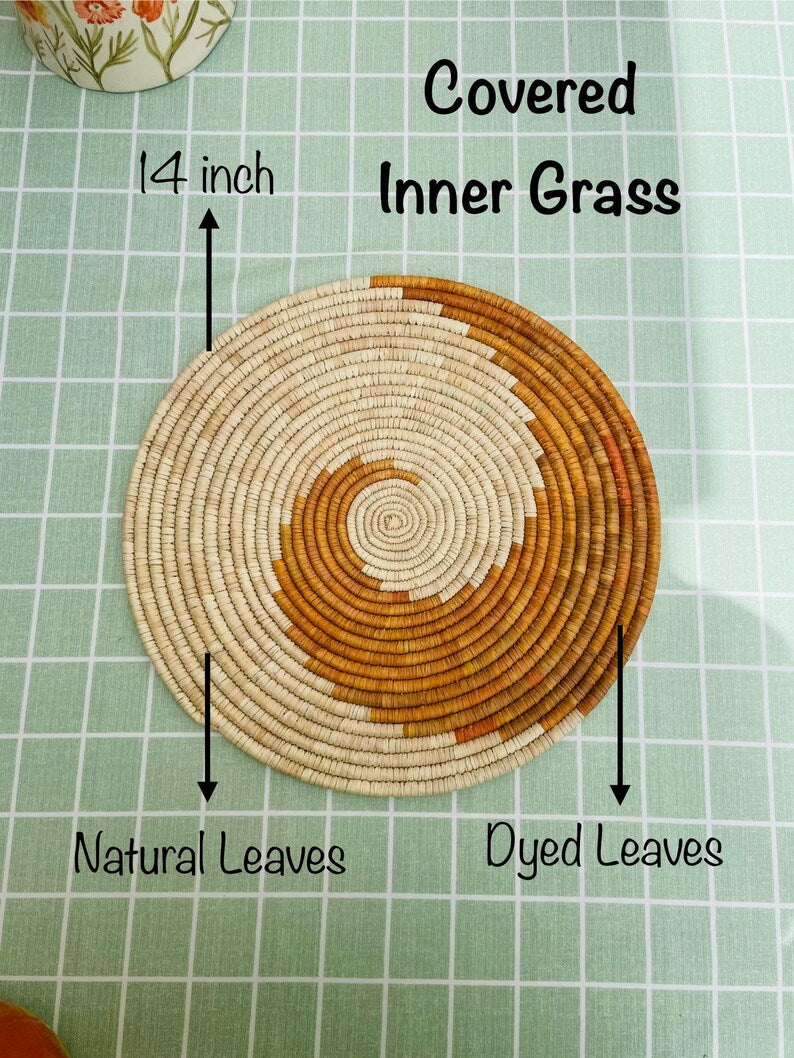 HandWoven Spiral Placemats, Orange Placemats Round, Boho Placemats Set, Eco Friendly Placemats, Rustic Placemat, Boho Table Decor, 14 inch