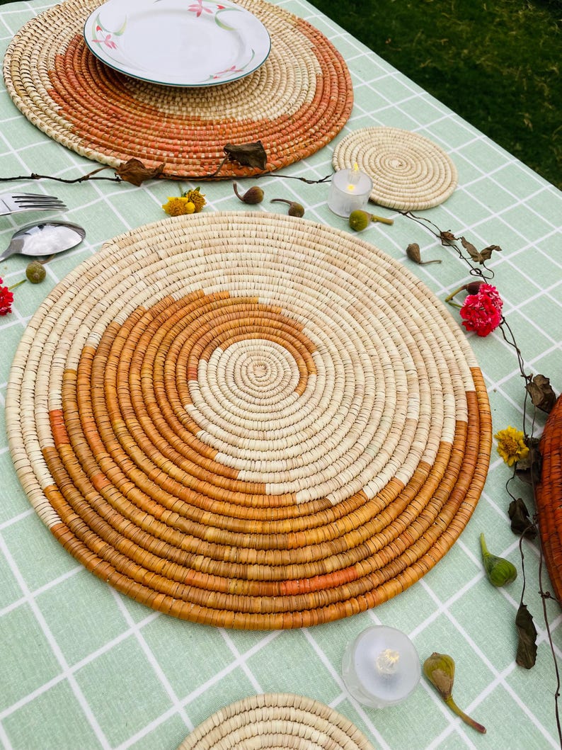 HandWoven Spiral Placemats, Orange Placemats Round, Boho Placemats Set, Eco Friendly Placemats, Rustic Placemat, Boho Table Decor, 14 inch