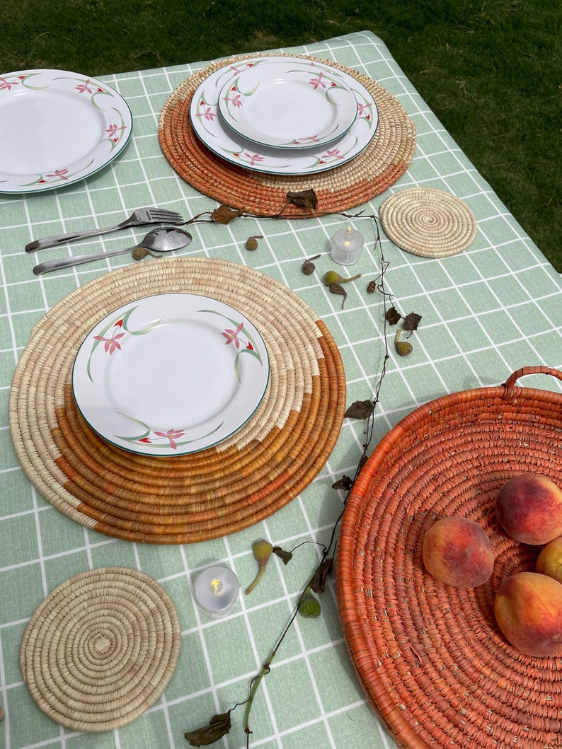 HandWoven Spiral Placemats, Orange Placemats Round, Boho Placemats Set, Eco Friendly Placemats, Rustic Placemat, Boho Table Decor, 14 inch