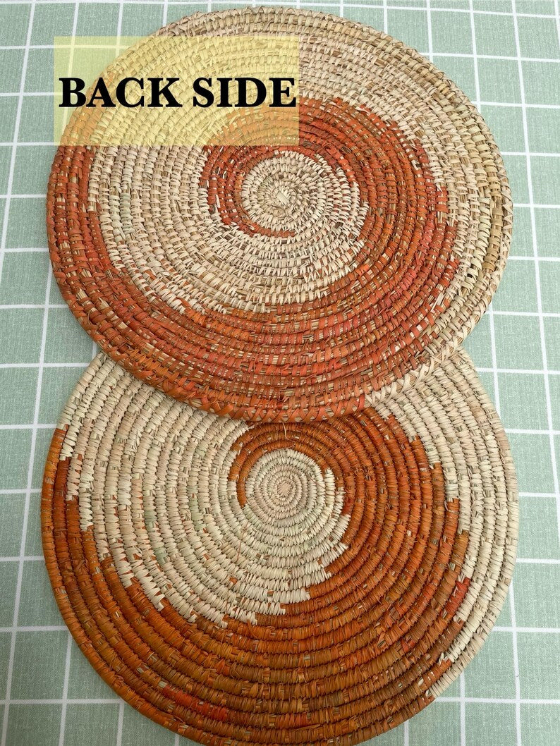 Woven Round Placemats with Coasters – Orange and Natural Boho Table Mats, Rustic Straw Dining Decor, Thanksgiving Holiday Placemats