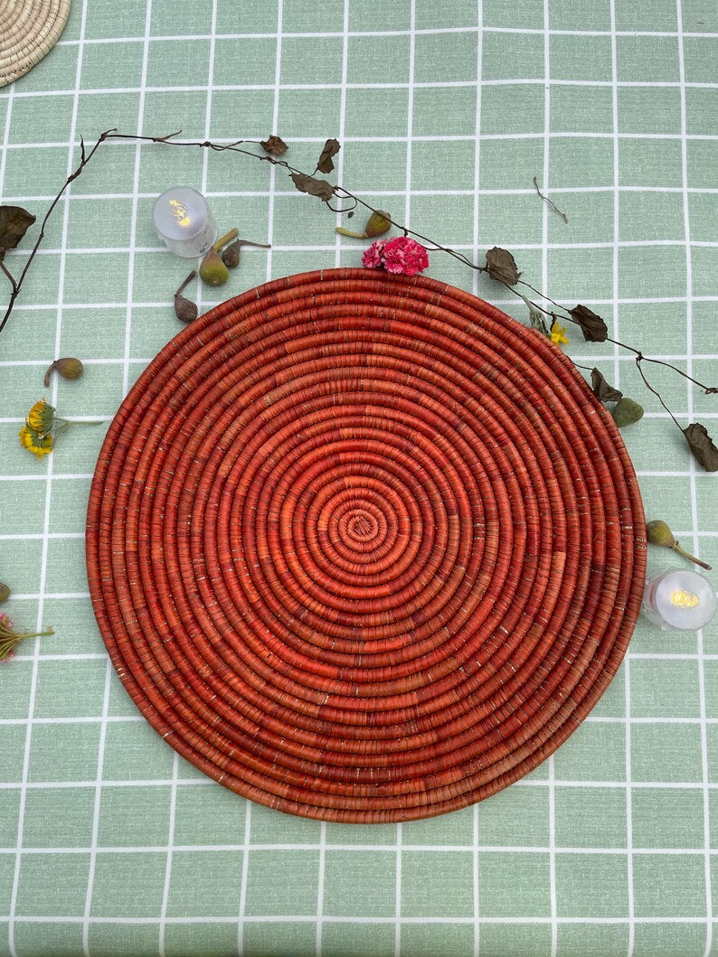 Boho Woven Palm Placemats: Terracotta Rustic Table Decor, 14 inch