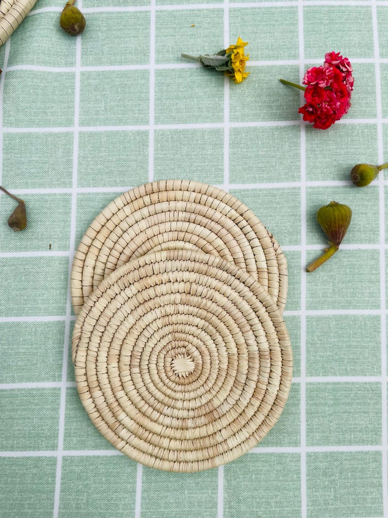 Handwoven Coasters Set of 6: Handmade Woven Cup Mats, 6 inch, boho coasters, eco friendly decor