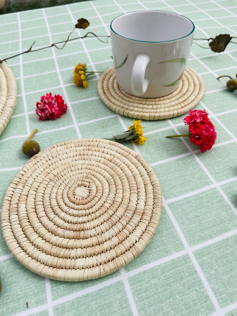 Handwoven Coasters Set of 6: Handmade Woven Cup Mats, 6 inch, boho coasters, eco friendly decor