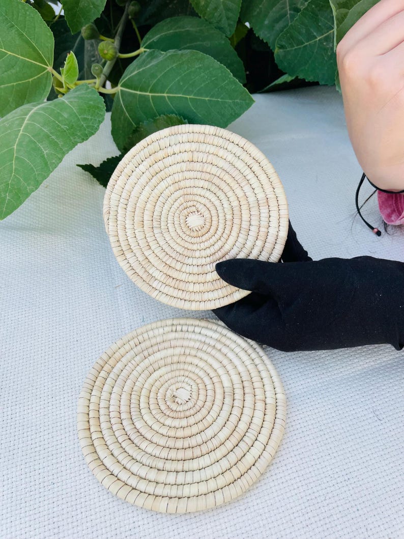 Handwoven Coasters Set of 6: Handmade Woven Cup Mats, 6 inch, boho coasters, eco friendly decor