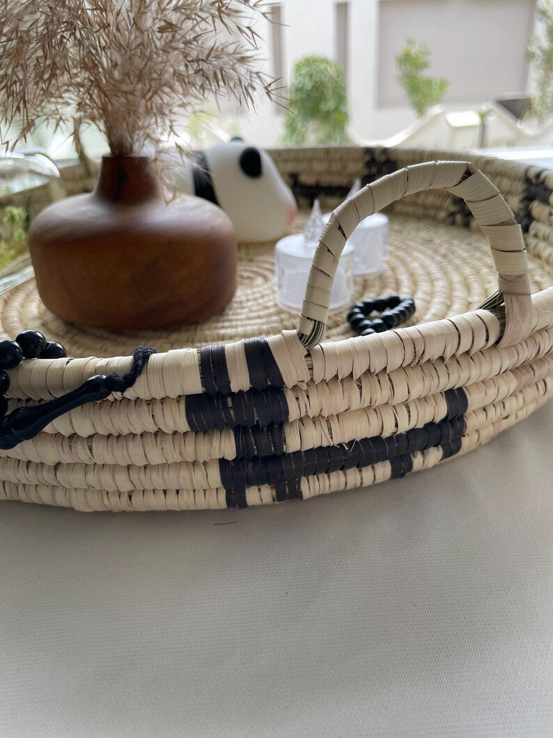 Woven Palm Leaf Tray: Rustic Farmhouse Ottoman Coffee Table Decor