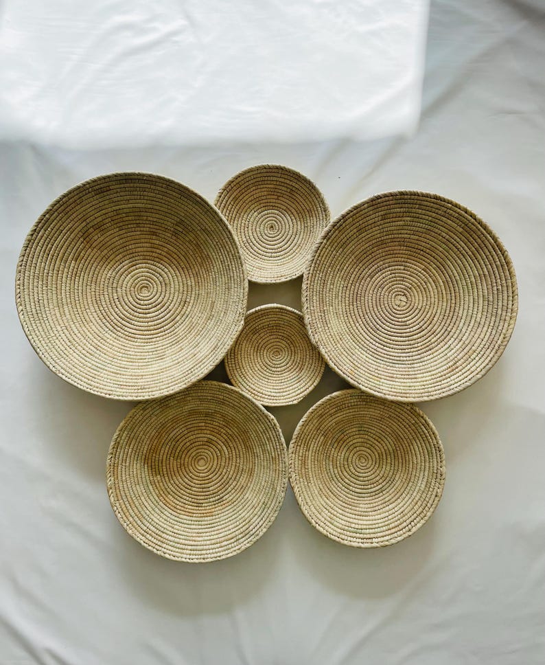 Handwoven Boho Wall Basket Set of 3 - 12, Woven African Baskets Wall Art, Hanging Wall Baskets Decor, Living Room & Bedroom Wall Hangings