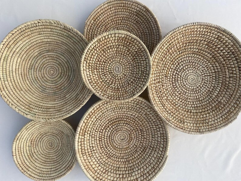 Handwoven Boho Wall Basket Set of 3 - 12, Woven African Baskets Wall Art, Hanging Wall Baskets Decor, Living Room & Bedroom Wall Hangings
