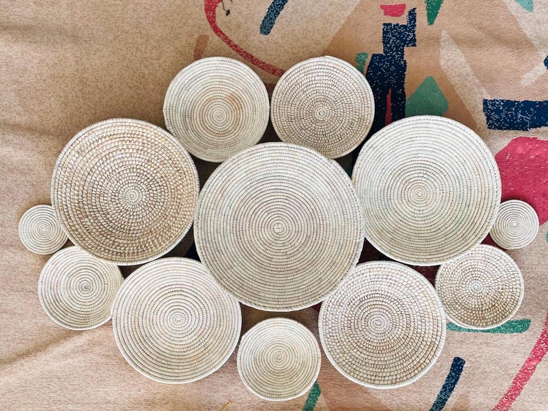 Handwoven Boho Wall Basket Set of 3 - 12, Woven African Baskets Wall Art, Hanging Wall Baskets Decor, Living Room & Bedroom Wall Hangings