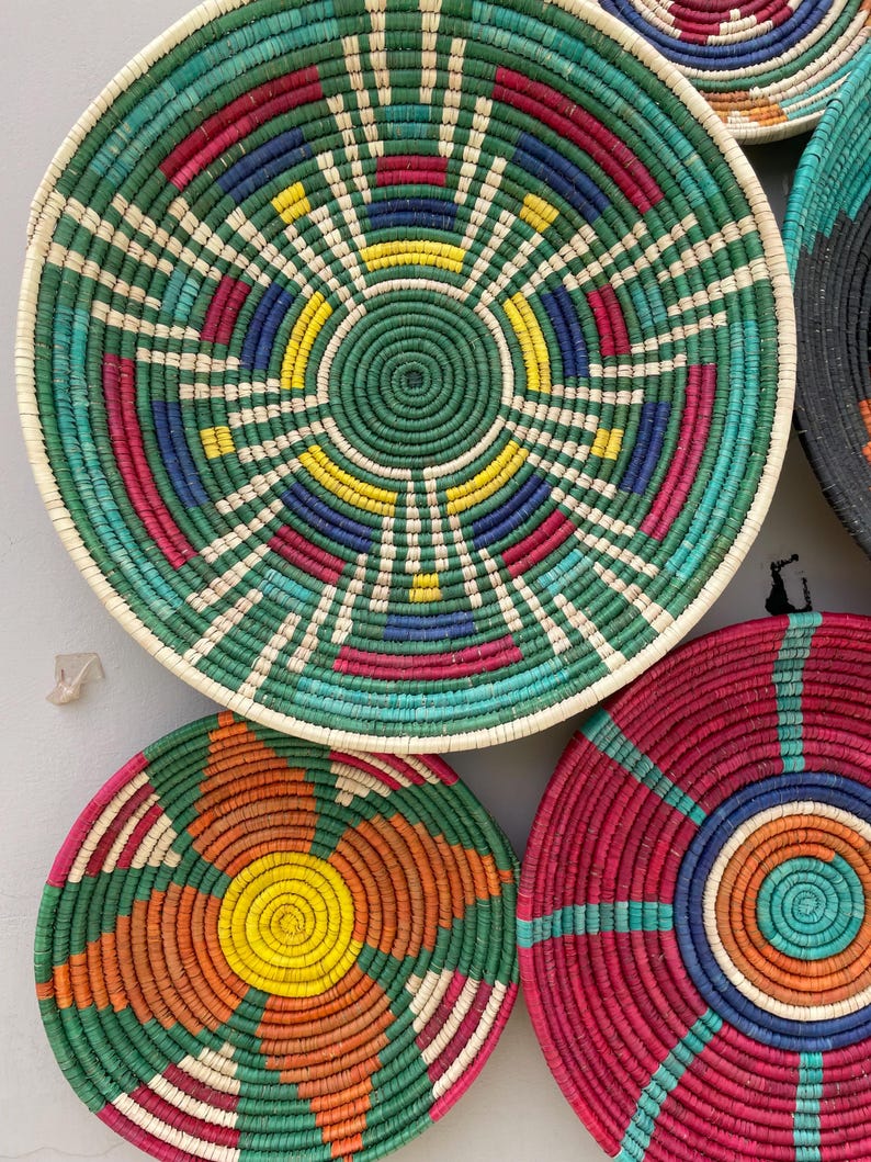 Woven Wall Basket Decor (Set of 6), Boho African Art, Dyed Palm & Sea Grass