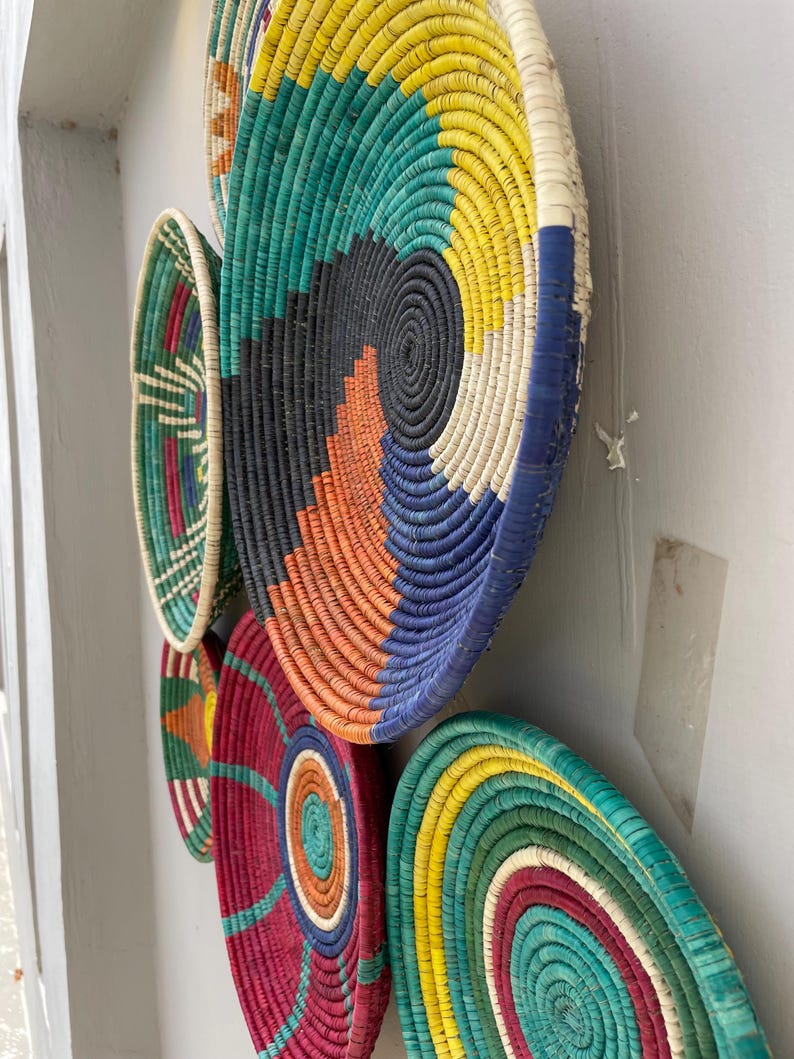Woven Wall Basket Decor (Set of 6), Boho African Art, Dyed Palm & Sea Grass