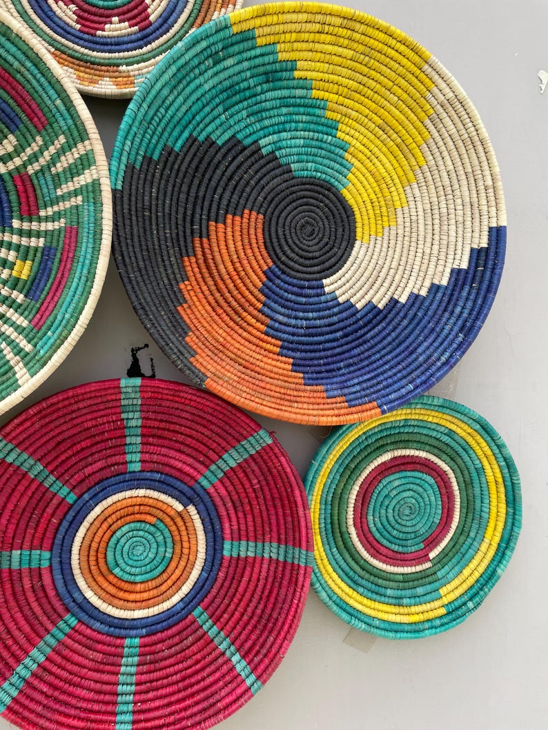 Woven Wall Basket Decor (Set of 6), Boho African Art, Dyed Palm & Sea Grass