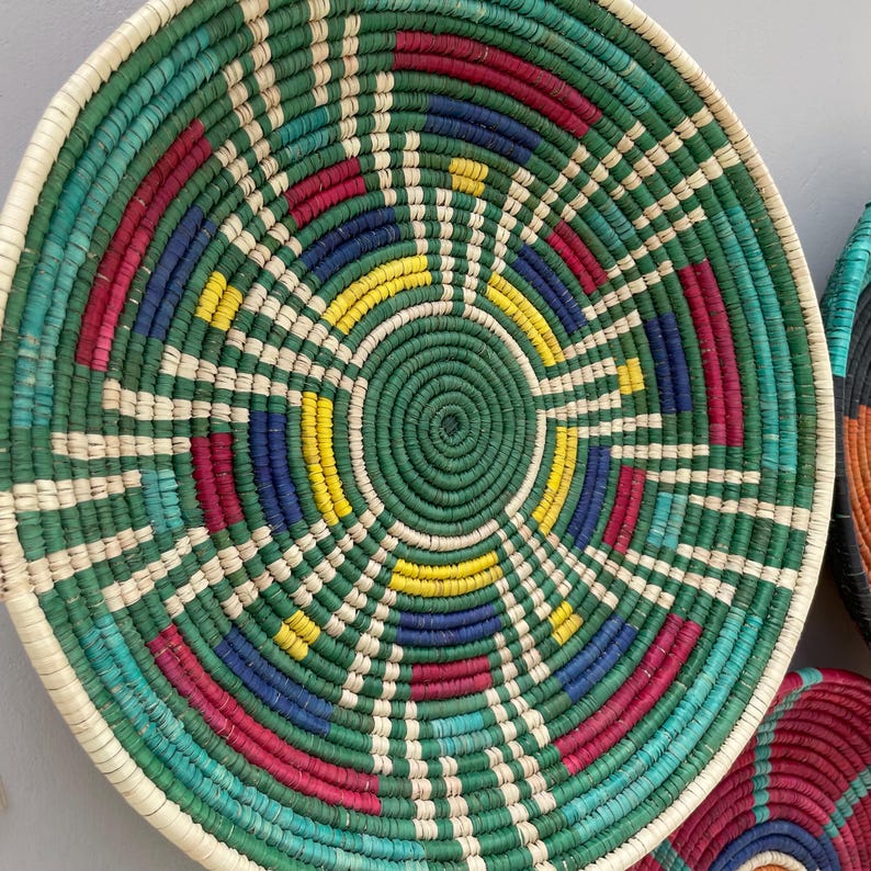 Woven Wall Basket Decor (Set of 3), Boho African Art, Assorted Baskets, Dyed Palm & Sea Grass