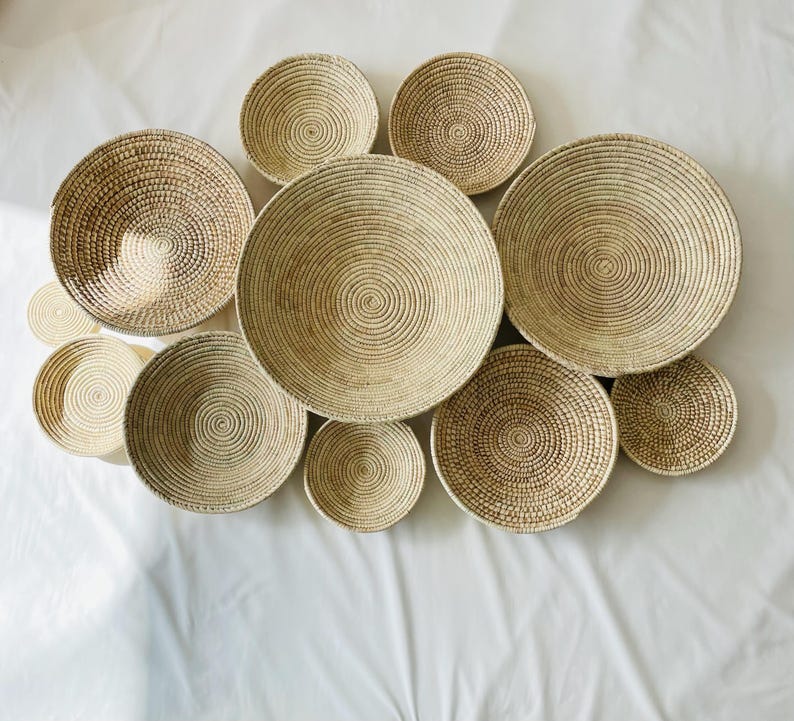 Handwoven Boho Wall Basket Set of 3 - 12, Woven African Baskets Wall Art, Hanging Wall Baskets Decor, Living Room & Bedroom Wall Hangings