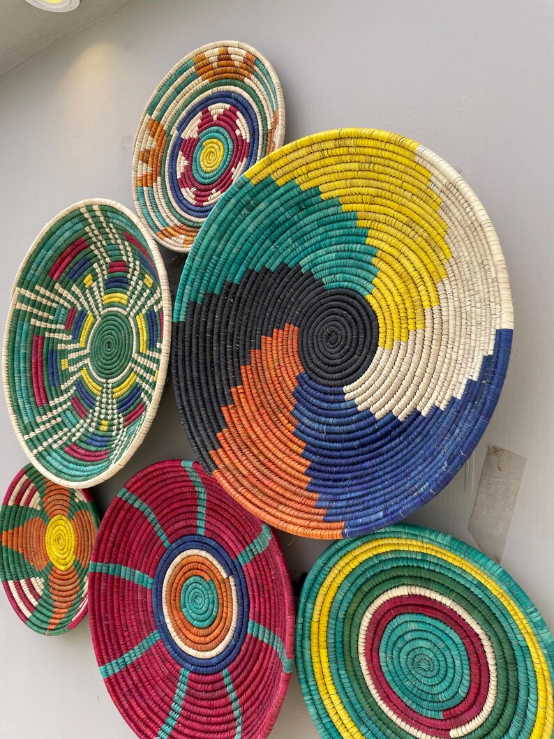 Woven Wall Basket Decor (Set of 6), Boho African Art, Dyed Palm & Sea Grass
