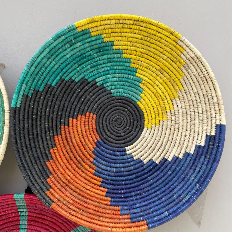 Woven Wall Basket Decor (Set of 3), Boho African Art, Assorted Baskets, Dyed Palm & Sea Grass